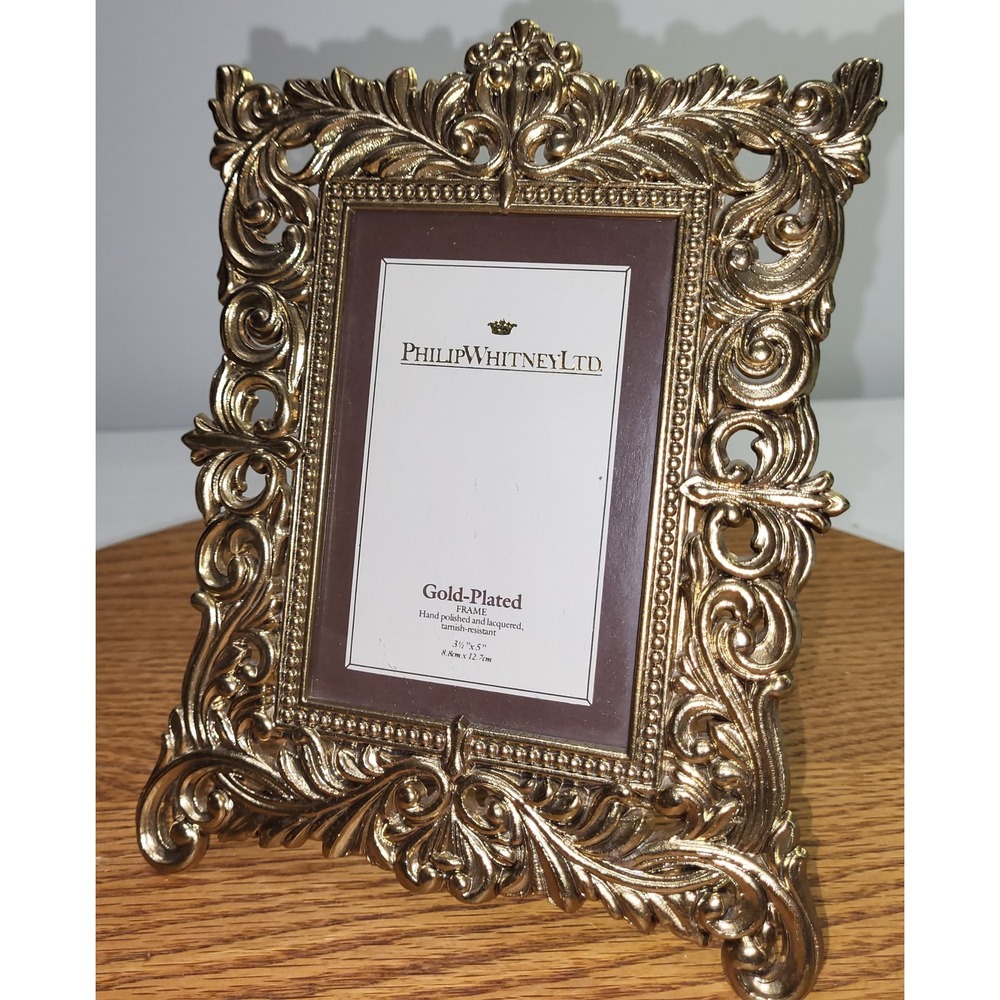 Philip Whitney Ltd Picture Frame Gold Plated Ornate Baroque Scroll 3.5x5 Photo